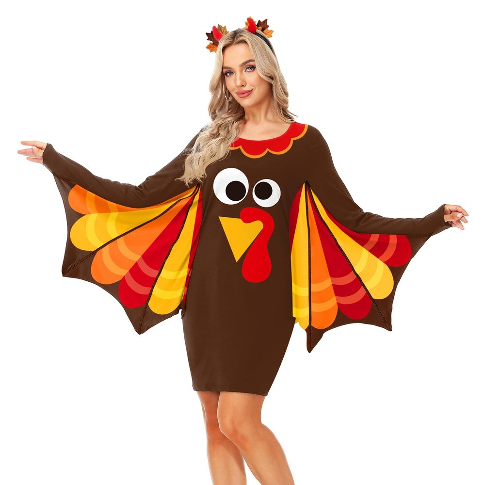5406 Thanksgiving Dress for Adult Batwing Sleeves Turkey Face Dresses Cute